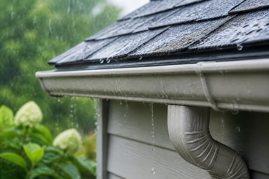 Rain is falling onto a dark shingled roof and dripping from the gutter downspout of a house.