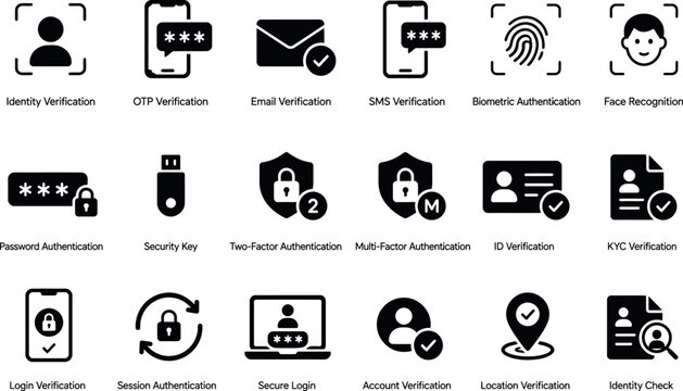 Authentication Icons Collection Flat Blue And White Digital Security Symbols