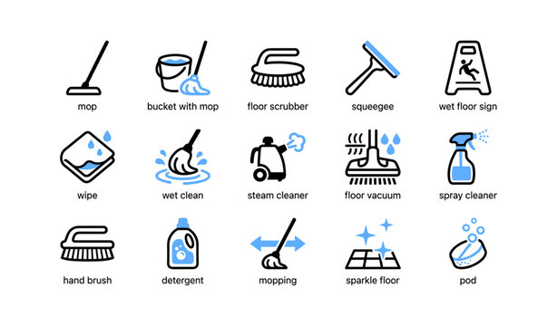 Cleaning tools and actions arranged in a labeled icon grid
