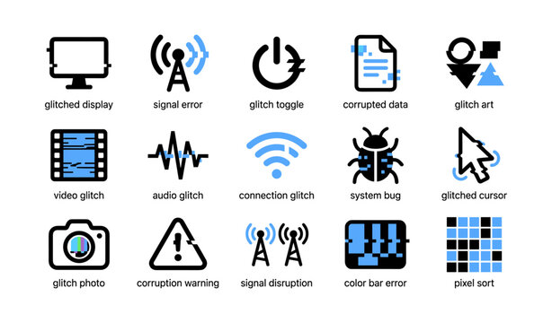 Glitch icons set showing errors and corruption on white background