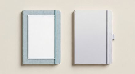 Fototapeta premium Two blank notebook mockups, one light blue and one white, view