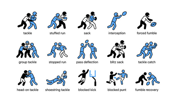 American football players performing tackles and turnovers icons