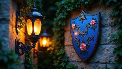 Naklejka premium Antique lantern glows on stone wall near blue shield with rose design. Ivy climbs building facade in twilight setting. Evening light illuminates old architectural detail. Warm light, mystery, gothic.