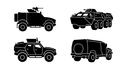 Military Vehicle Icons Set: Armored Cars, APC, Tactical Trucks, Transport - Black Silhouette Vector Graphics © Sohag