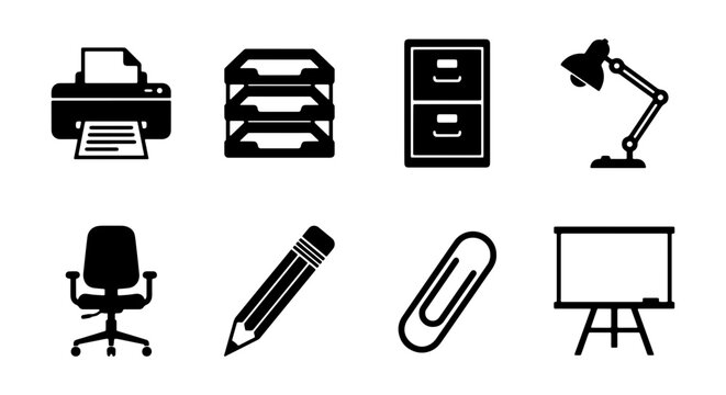 Office Supplies Icons: Printer, Stacker, Filing Cabinet, Desk Lamp, Chair, Pencil, Paperclip, Whiteboard