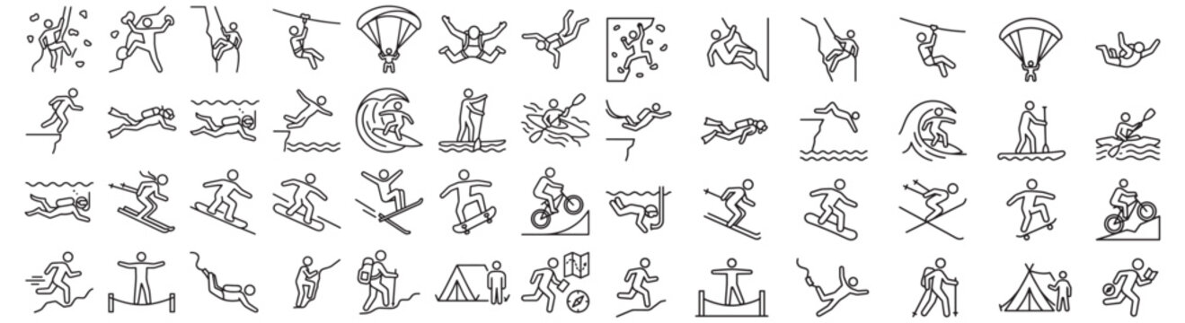 Outdoor Adventure Sports Icons Set - Line Art Vector of Climbing, Surfing, Hiking and Camping Activities