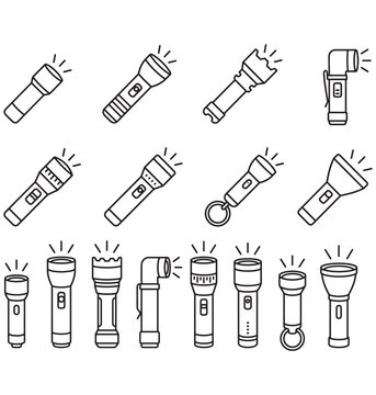 Flashlight Icon Set - Handheld Torch Outline Collection of Light and Lantern Vector Sketches