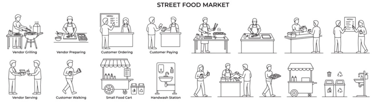 Street Food Market Vendors Serving Customers at Outdoor Food Stall Cart and Menu Board
