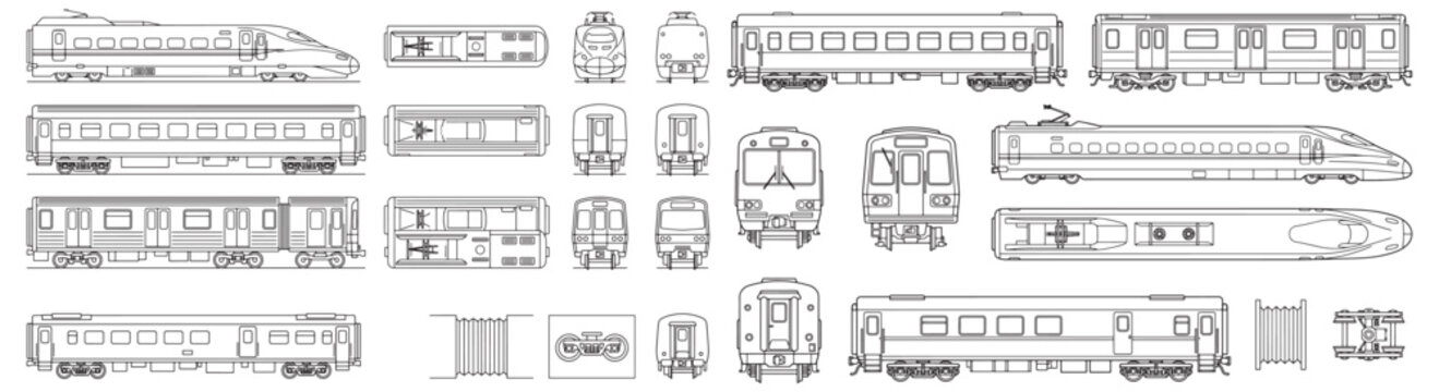 Technical Train Blueprint Set Showing High-Speed, Commuter and Subway Carriage Elevations, Plans and Top Views