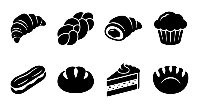 Bakery Icons Set, Delicious Pastry Vector Graphics, Sweet Food Collection, Black and White Baking Illustrations