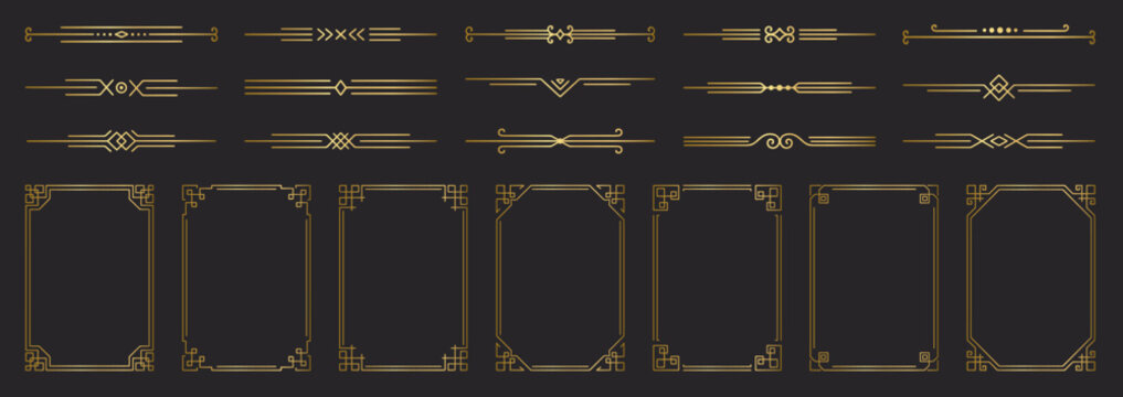 Gold photo frame and vintage text dividers. line deco, glowing geometric chinese boarder and luxury separators set for wedding invitations. Decorative classic elements with golden elegant ornament
