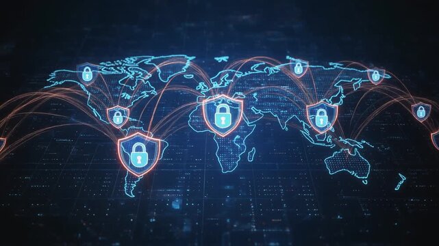 "Digital world map with glowing connections and shield padlocks, symbolizing global cybersecurity, data protection, and secure communication networks."