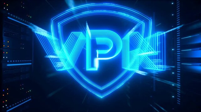 Digital cyber security vpn shield animation in blue neon light with glowing data particles