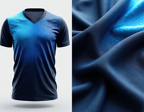 Men sports t-shirt mockup. Blue athletic shirt with hexagonal pattern and v-neck. Lightweight fabric with moisture wicking tech. Ready for custom logo design.