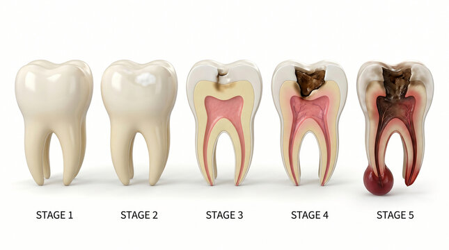 Tooth Decay Cavity Progression Stages 1 to 5 3D Illustration
