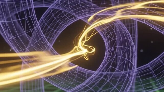 Abstract 3d wireframe knot structure with glowing purple light lines on a dark digital grid background
