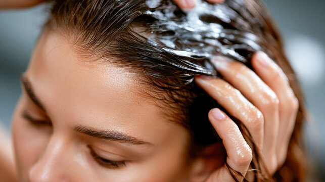 Woman applying white cream treatment to dark hair and scalp, close-up beauty care and hair wellness concept