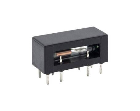 Cross section view of reed relay showing internal glass tube and coil on transparent background view.