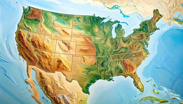 Topographic map of the contiguous United States showing elevation gradients, mountain ranges, plains, rivers, and Great Lakes in natural color tones.