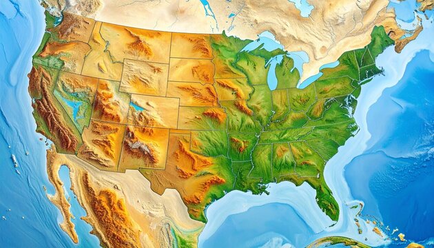 Topographic map of the contiguous United States showing elevation gradients, mountain ranges, plains, rivers, and Great Lakes in natural color tones.