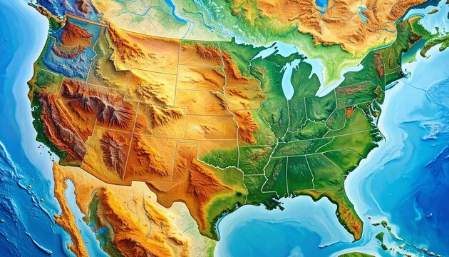 Topographic map of the contiguous United States showing elevation gradients, mountain ranges, plains, rivers, and Great Lakes in natural color tones.