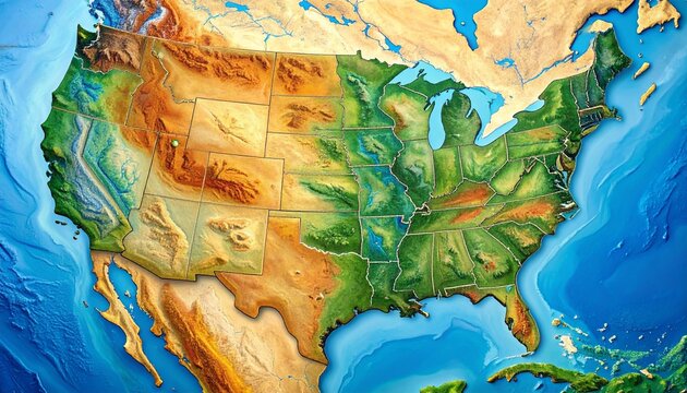 Topographic map of the contiguous United States showing elevation gradients, mountain ranges, plains, rivers, and Great Lakes in natural color tones.
