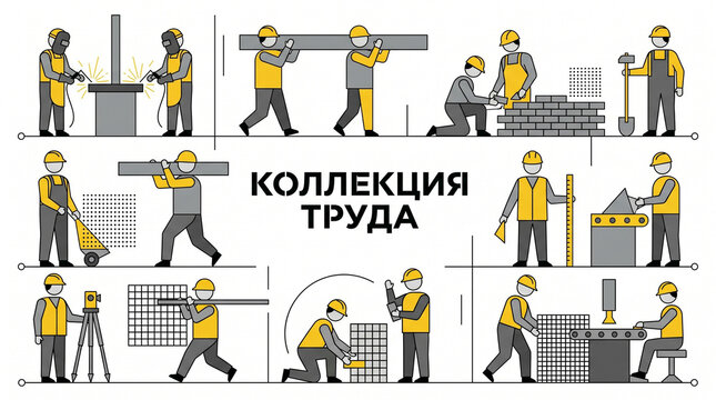 A clean vector-style set of construction workers and builders in yellow helmets performing different building tasks. The collection includes bricklayers, crane operator, road workers, engineers, welde