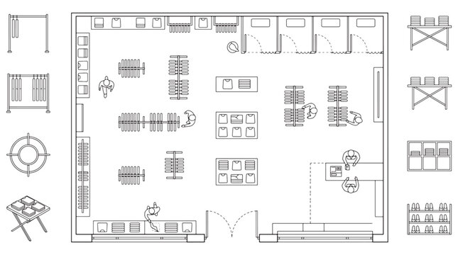 Retail Clothing Store Floor Plan Top View With Fitting Rooms Racks Displays And Checkout Counter