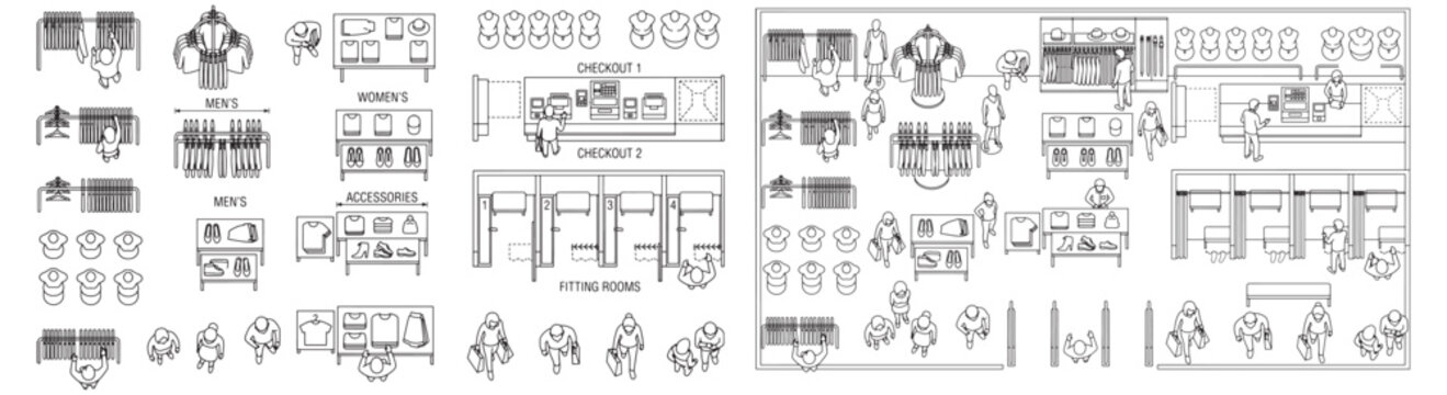 Top View Clothing Store Floor Plan Illustration With Shoppers, Fitting Rooms And Checkout Counter