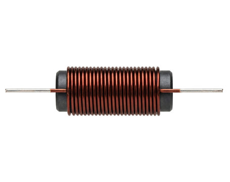 Cylindrical inductor coil electronic component with copper wire winding isolated on transparent frame.