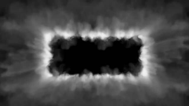 Slow motion static shot of smoke ring expanding into rectangular void with billowing cloud plumes forming glowing frame on black studio background