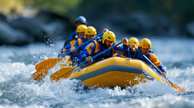 Faceless professional rafting team in matching gear synchronizing paddle strokes through a turbulent rapid section, powerful water spray surrounding the raft, defocused rocky