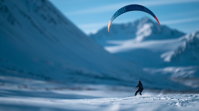 Wide landscape shot of a snow kiter gliding across a high-altitude snowfield with dramatic mountain scenery surrounding them, tiny figure against vast white expanse, defocused