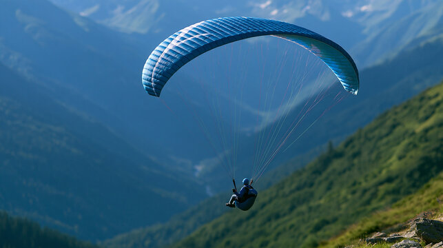 Faceless paraglider soaring above a dramatic mountain valley, colorful wing canopy filling the upper frame, defocused green alpine slopes and distant peaks below, paragliding