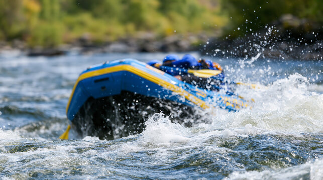 Raft dramatically flipping upside down in a powerful white water rapid, crew mid-air above churning foam, defocused river landscape in background, rafting accident moment, extreme