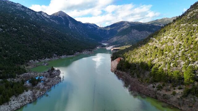 Aerial drone footage of the flooded Eynif Plain near Demirkapı Tunnel on the new Antalya Konya highway in Turkey