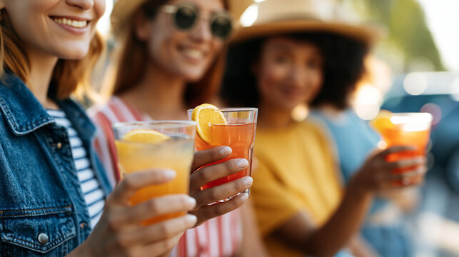 Faceless group of female friends cooling off with refreshing drink at roadside stop during road trip, beverage break, roadside pause, refreshment moment, with copy space