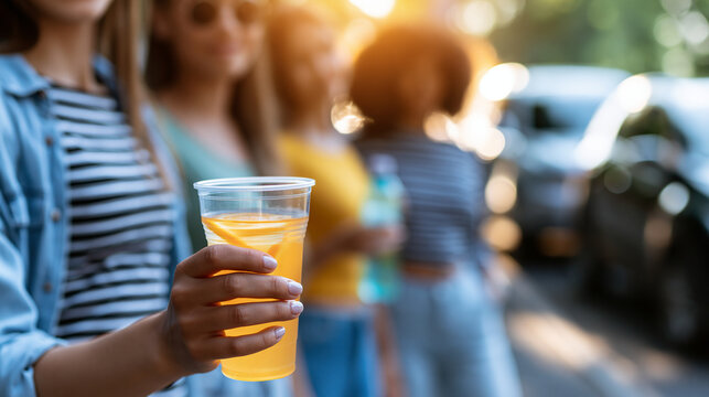 Faceless group of female friends cooling off with refreshing drink at roadside stop during road trip, beverage break, roadside pause, refreshment moment, with copy space