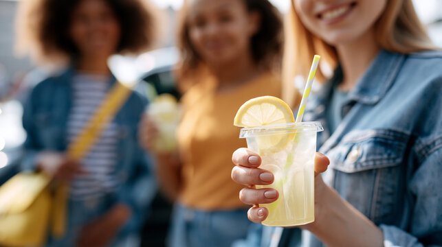 Faceless group of female friends cooling off with refreshing drink at roadside stop during road trip, beverage break, roadside pause, refreshment moment, with copy space