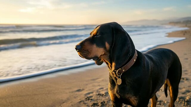 black and tan coonhound on beach close up in golden light video