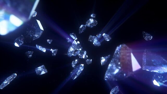 Slow motion tracking shot of crystal shards drifting forward and scattering in dark void with iridescent light rays and reflective fragments