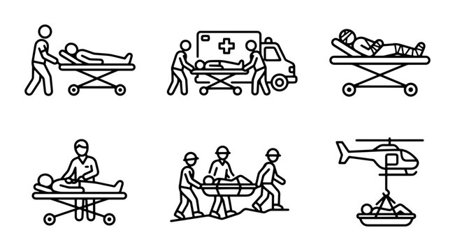 Medical Emergency Transport Icons: Ambulance, Stretcher, Helicopter Rescue, Patient Care