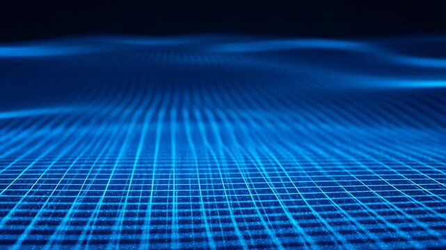 Dynamic blue grid waves with pulsating light patterns in digital landscape