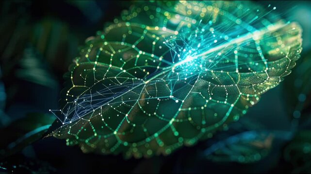 Complex data grid and information network overlay on a green leaf, visualizing big data and genetic research.