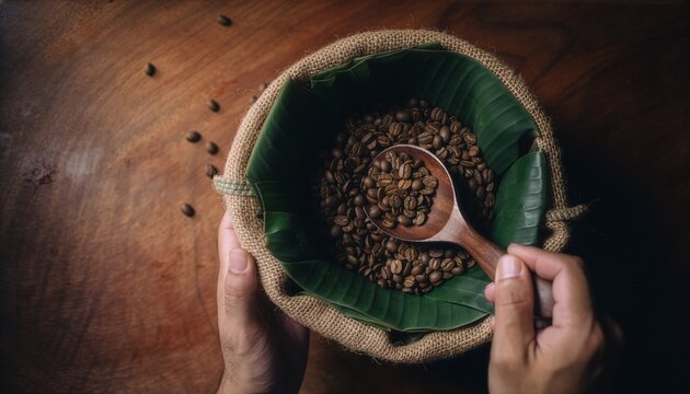 Top View Hands Holding Burlap Sack of Roasted Indonesian Coffee Beans