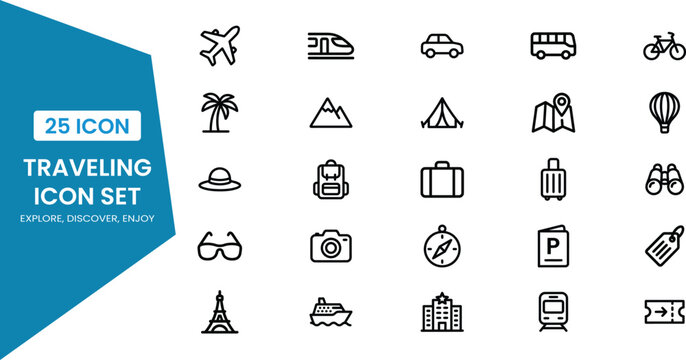 Traveling Icon Set Airplane Ship Car Bus Bicycle and More Flat Vector Illustration