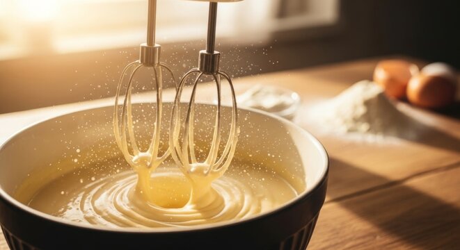Hand mixer whisks whipping creamy batter in bowl with flour and eggs on rustic wooden counter, golden hour light
