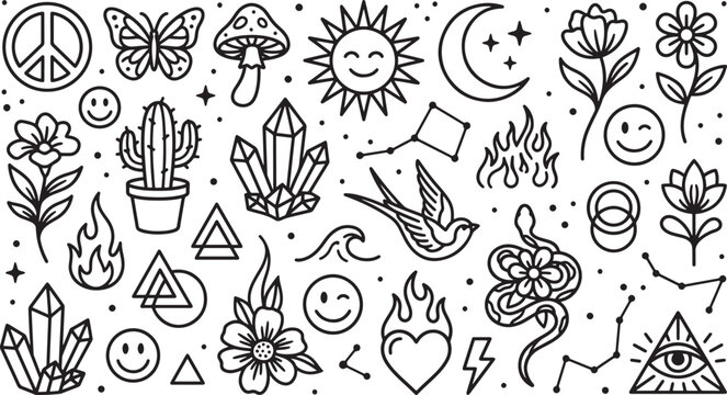 Set of cute hand drawn doodle tattoo elements isolated on white background