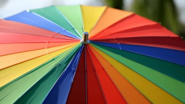 Vibrant spinning rainbow umbrella in outdoor sunlight captures movement and color