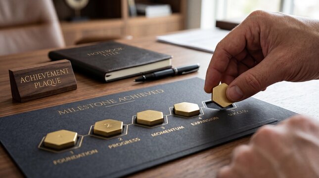 Hand placing milestone marker on achievement board with notebook
